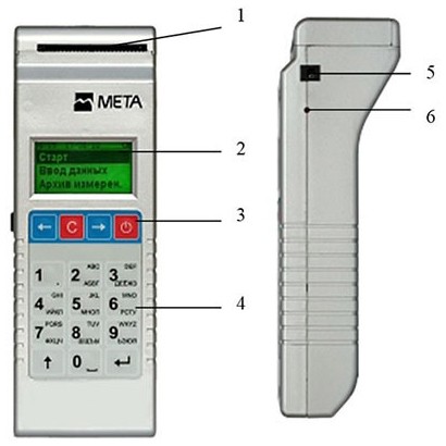 1 — встроенный принтер; 2 — индикатор; 3 — кнопка питания; 4 — клавиатура; 5 — разъем для подключения адаптера питания; 6 — индикатор зарядки